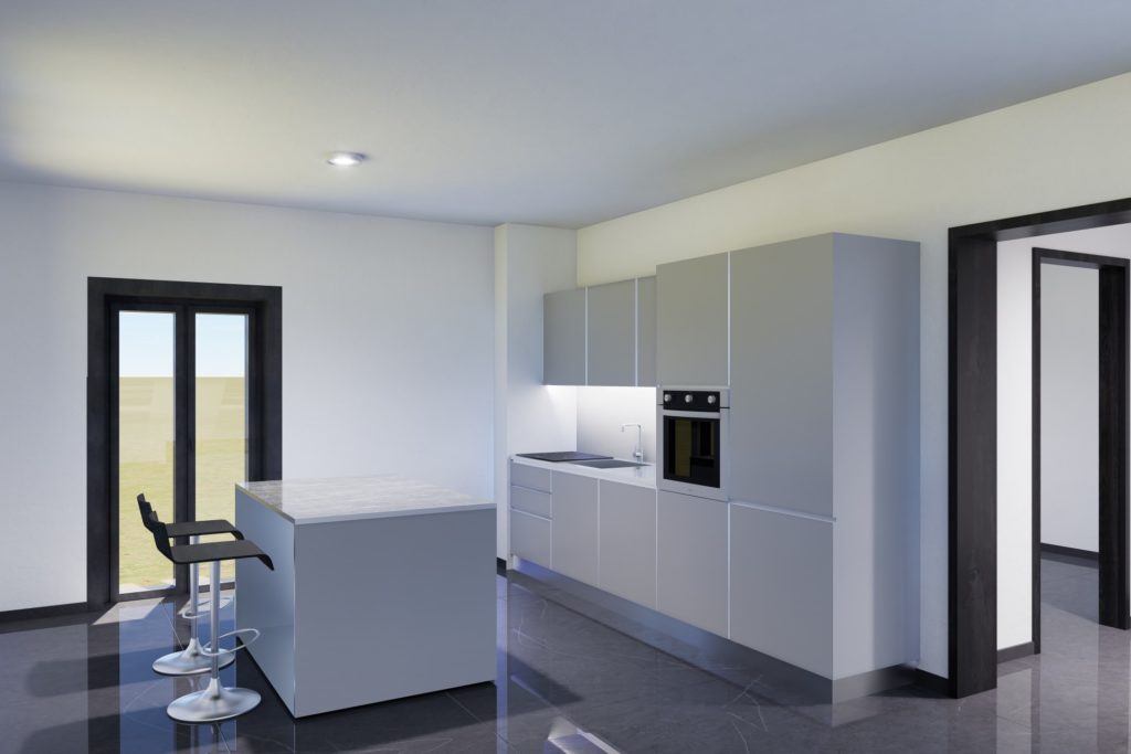 Render 3D fotorealistico di una cucina moderna