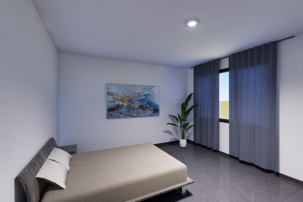 Render 3D fotorealistico di una camera da letto