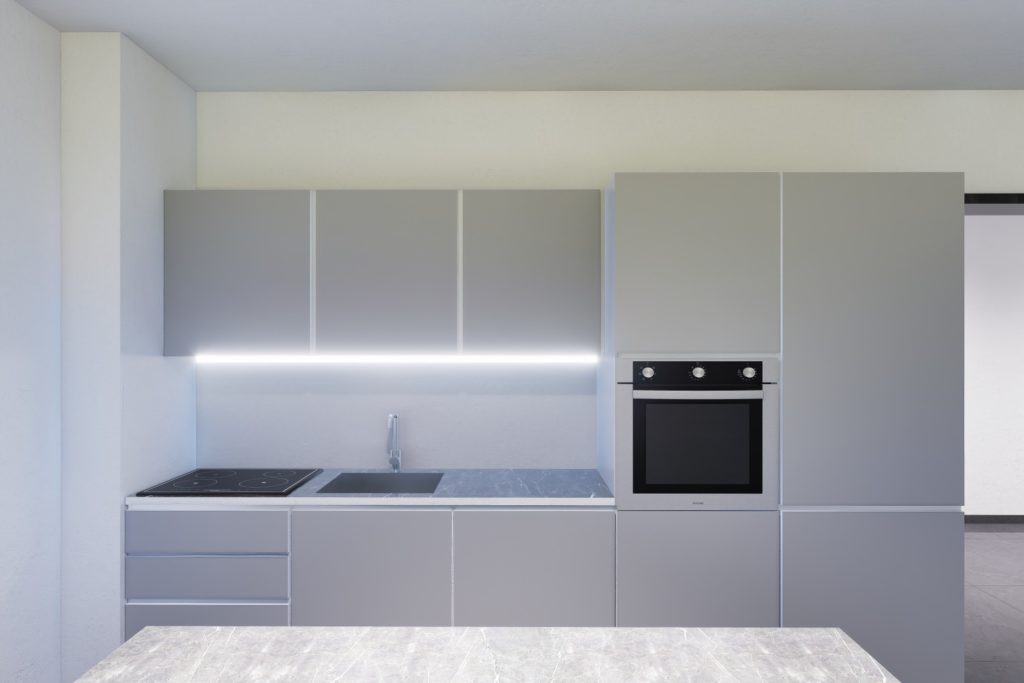 Render 3D fotorealistico di una cucina moderna, vista da davanti